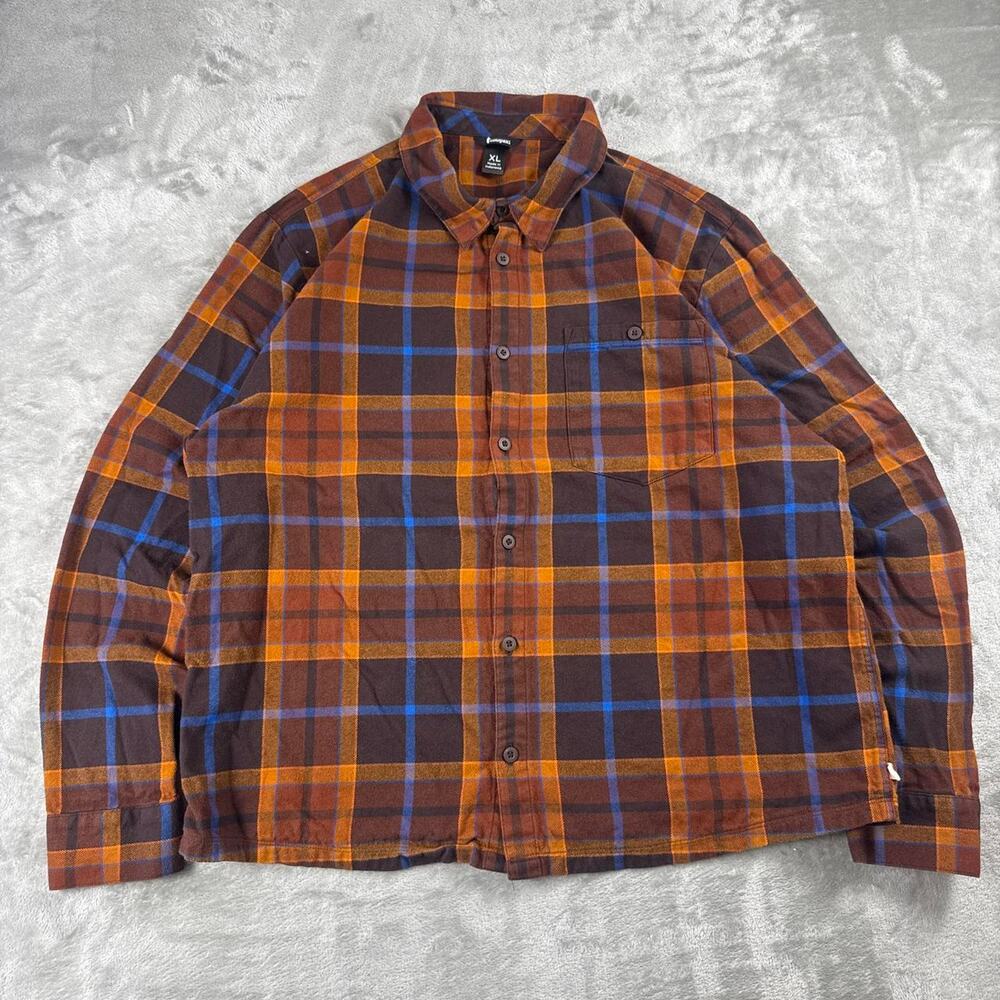 Cotopaxi Mero Organic Flannel Shirt Men XL Orange Blue Plaid LongSleeve ButtonUp